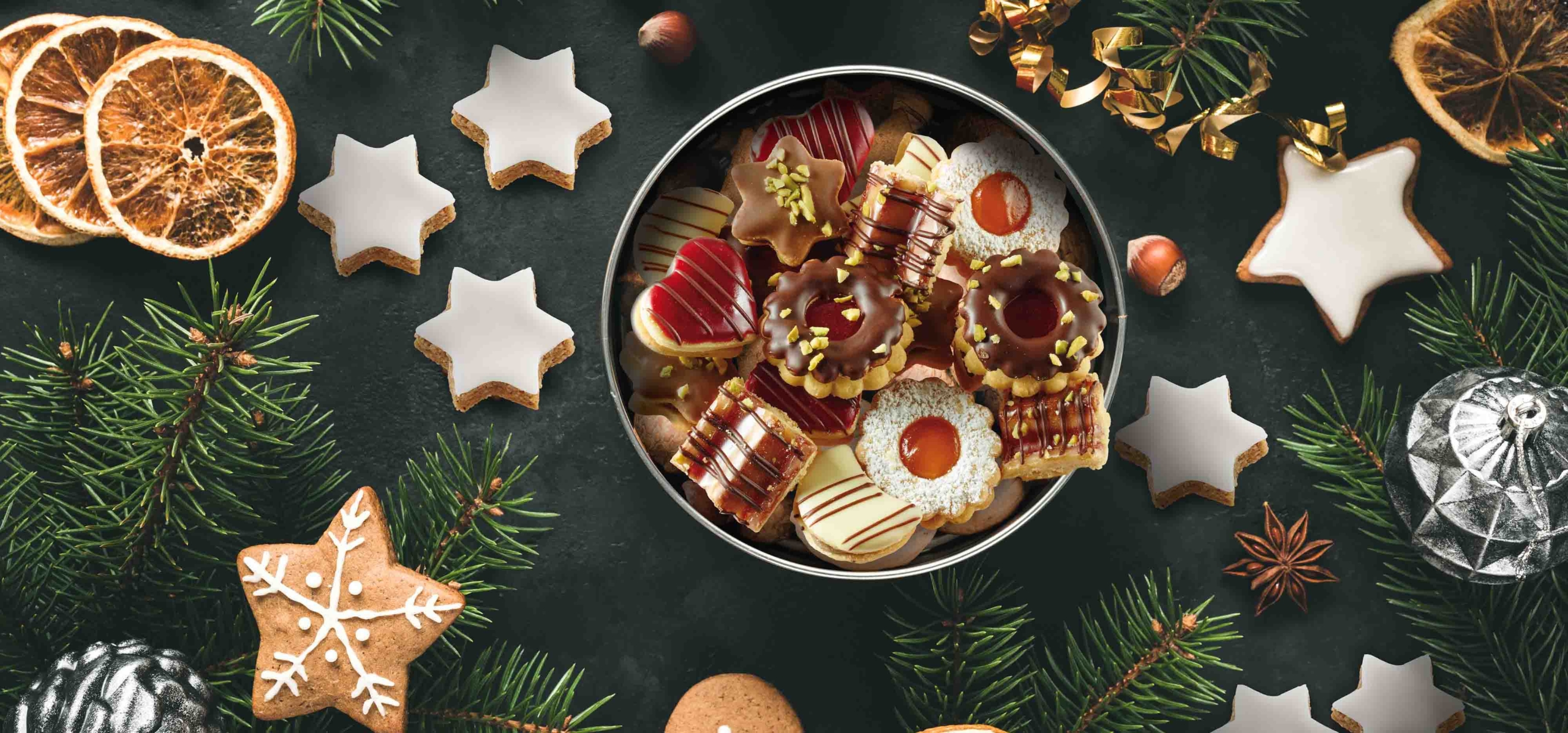 New Year or Christmas box with sweets Gingerbread cookies